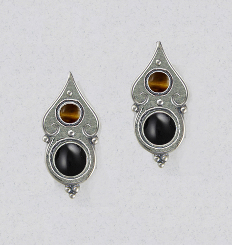 Sterling Silver Designer Post Stud Earrings With Black Onyx And Tiger Eye